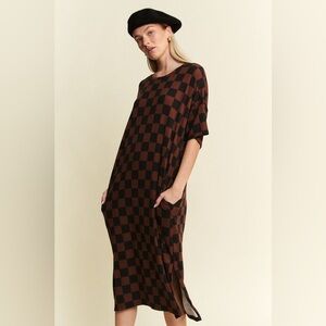 Blending In Is Boring Checkered Ribbed Dress in Mocha Large